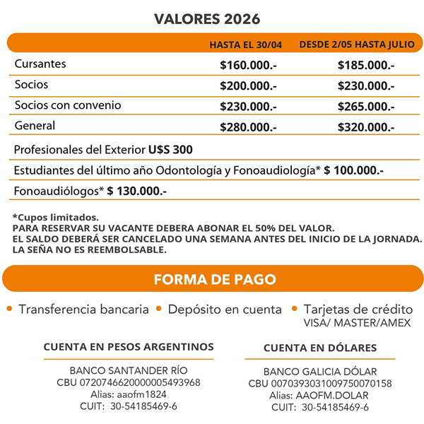 Jornadas Dos días con la Ortopedia Funcional y la Ortodoncia 2026 - Aranceles